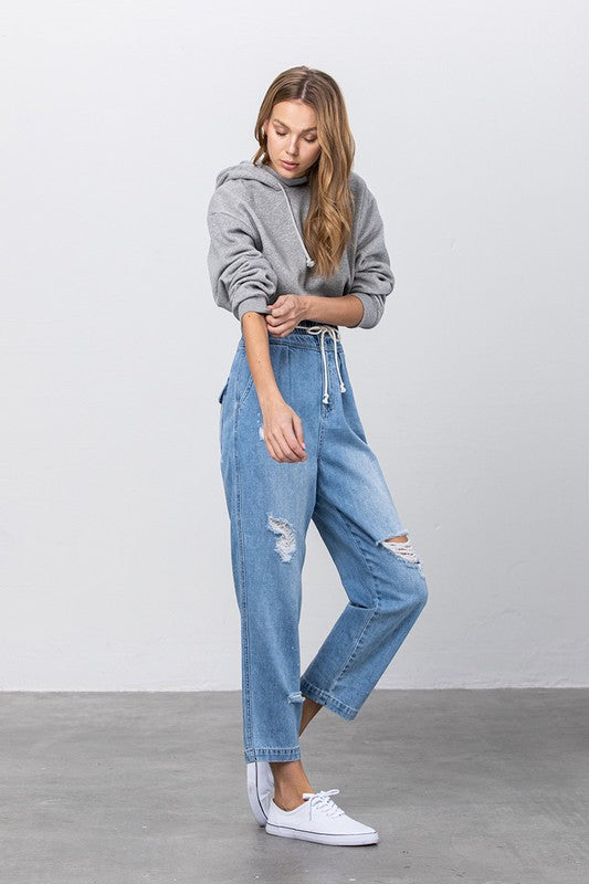 Super High Waist Drawstring Ripped Slouch Jeans