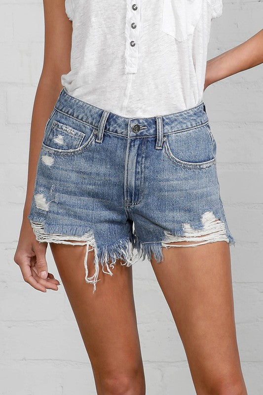 HIGH RISE DESTROYED DENIM SHORTS