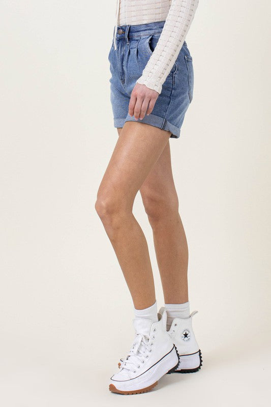 Pin Tuck Denim Shorts