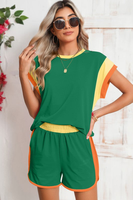 Contrast Trim Cap Sleeve Tee Shorts Set