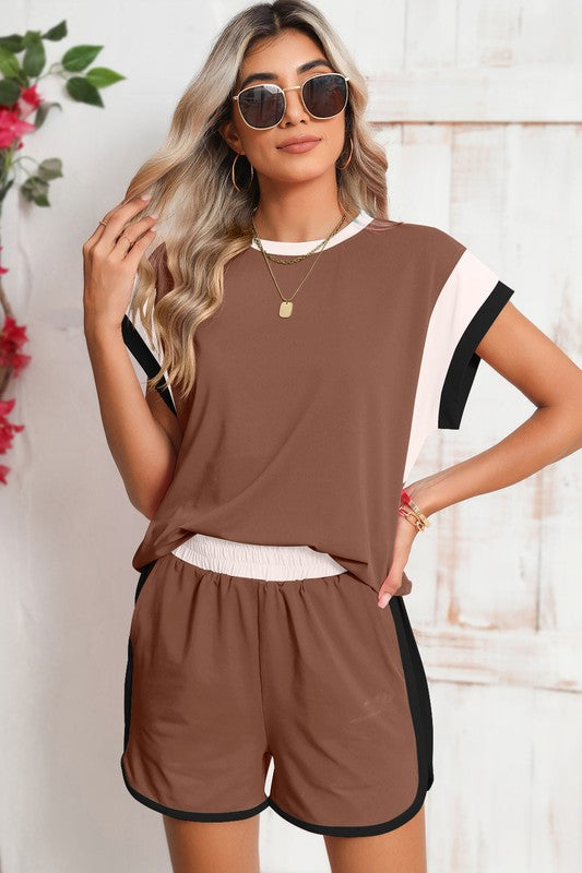 Contrast Trim Cap Sleeve Tee Shorts Set