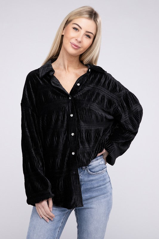 Wrinkle Effect Tiered Velvet Shirt