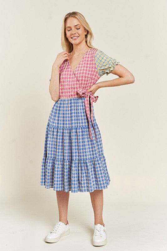 Colorblock Gingham Dress +