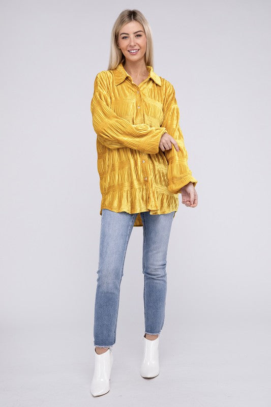 Wrinkle Effect Tiered Velvet Shirt