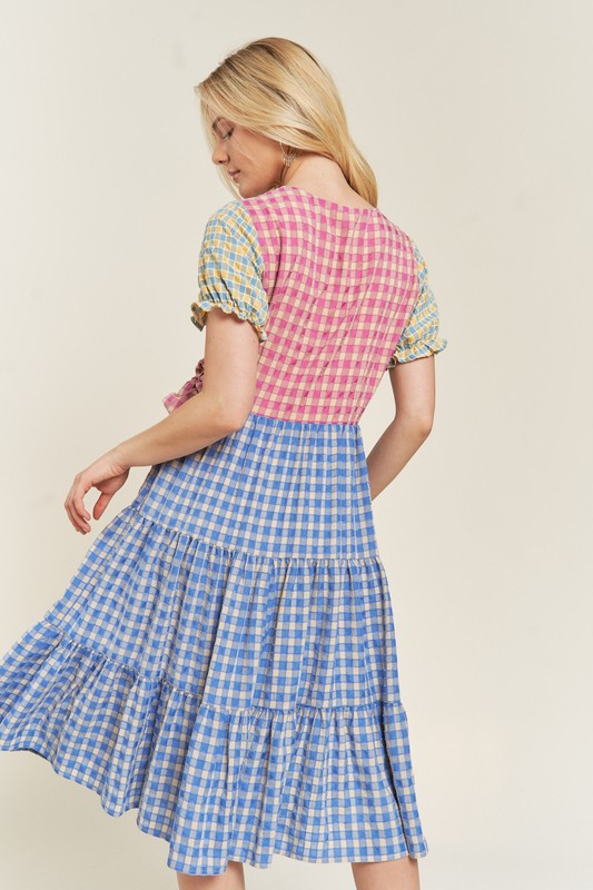 Colorblock Gingham Dress +