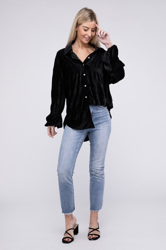 Wrinkle Effect Tiered Velvet Shirt