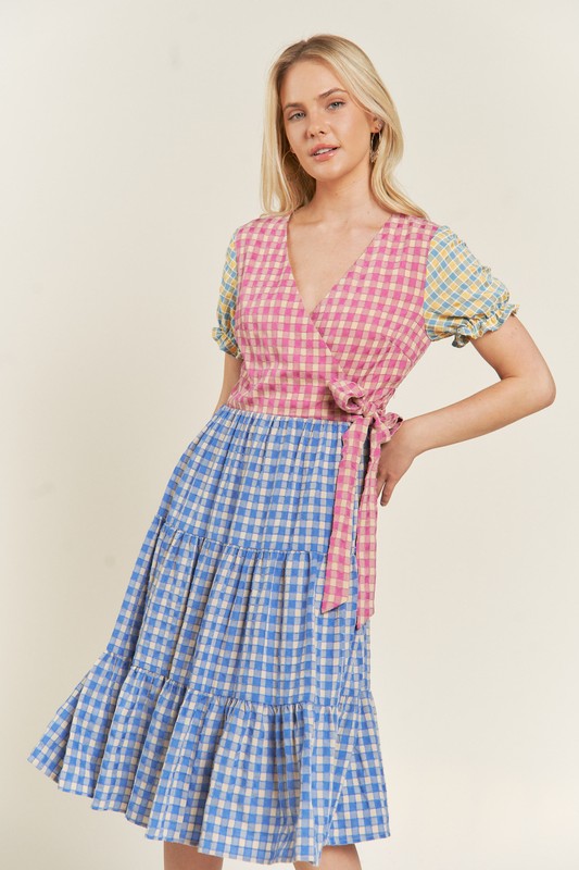 Colorblock Gingham Dress +