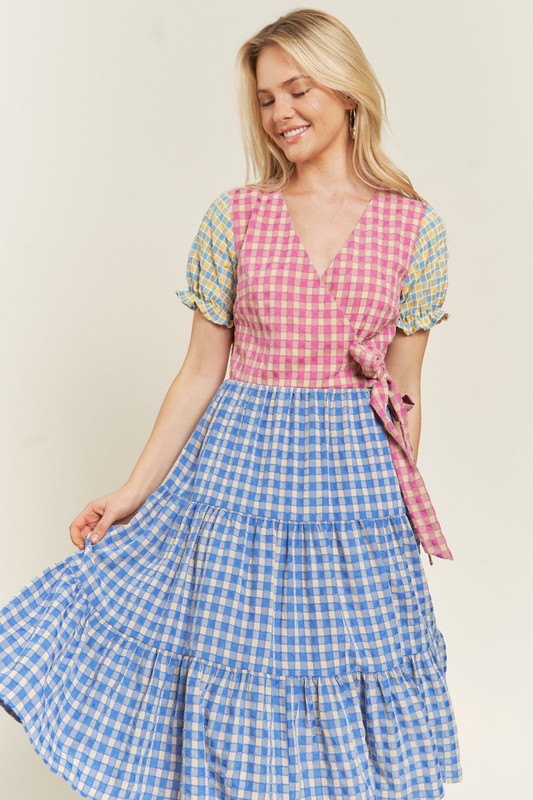 Colorblock Gingham Dress +