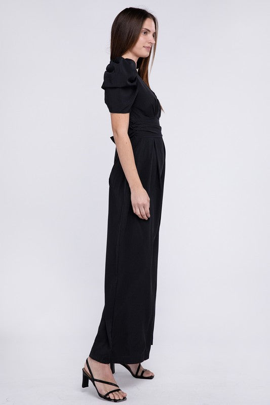 V Neck Puff Sleevw Jumpsuit