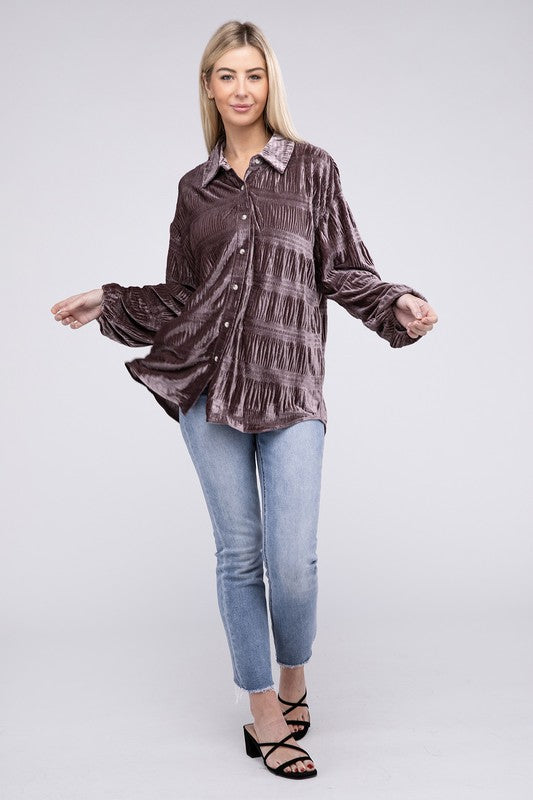 Wrinkle Effect Tiered Velvet Shirt