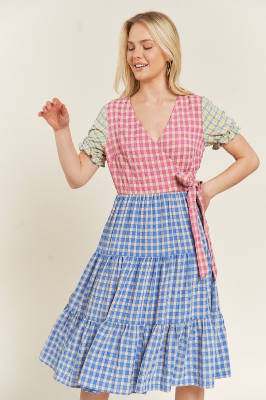 Colorblock Gingham Dress +