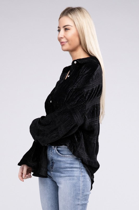 Wrinkle Effect Tiered Velvet Shirt