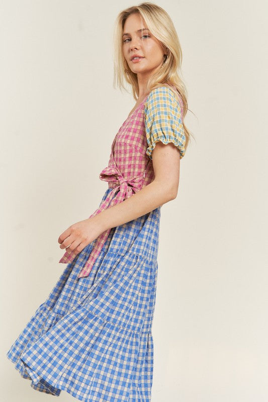 Colorblock Gingham Dress +